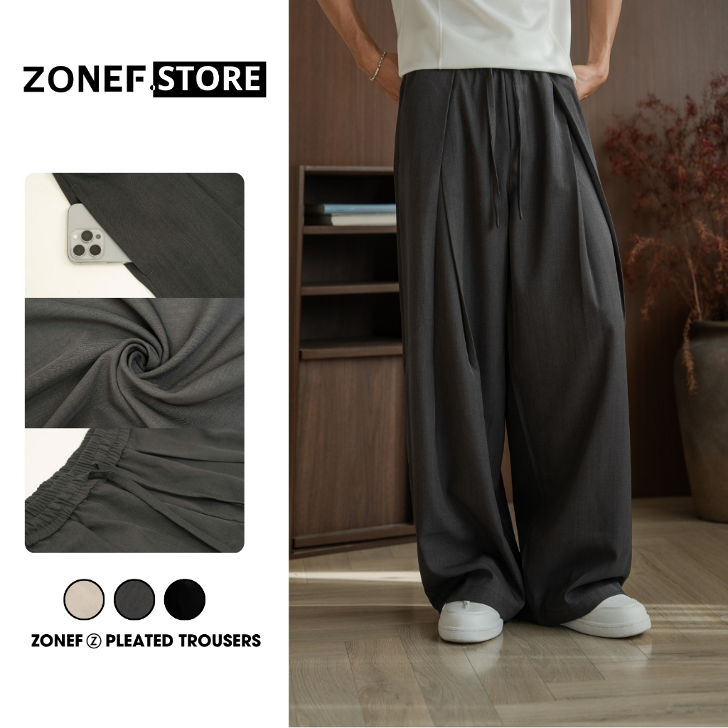 Quần Âu Ống Rộng Cạp Chun Xếp Ly ZONEF STORE, Quần Ống Suông Nam Nữ Chất Vải Xước Hàn Phong Cách Hàn