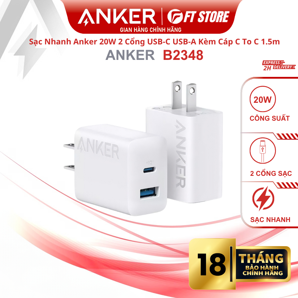 BỘ CỦ SẠC ANKER B2348 20W 1C1A KÈM CÁP TYPE-C 1.5M POWERIQ 3.0 ACTIVE SHIELD
