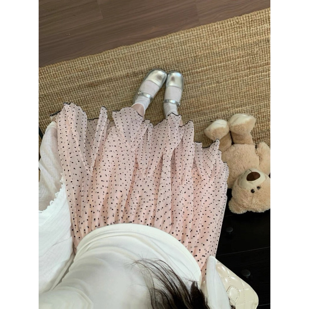 VÁY MIDI DÁNG XOÈ HOẠ TIẾT CHẤM BI DÁNG BỒNG LƯNG THUN, CÓ LỚP LÓT TRONG | BigBuy360 - bigbuy360.vn