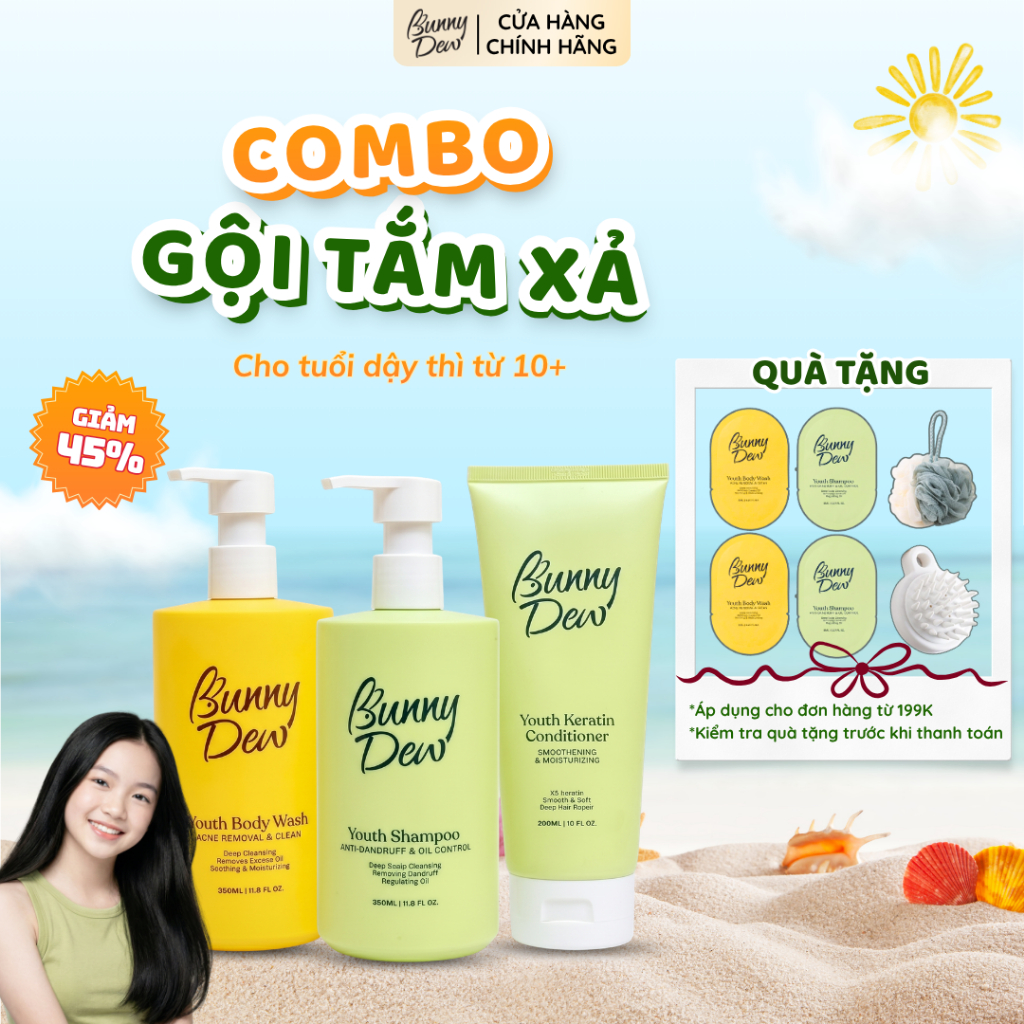 Dầu gội, dầu xả, sữa tắm BunnyDew cho trẻ thanh thiếu niên giúp kiềm dầu, giảm gàu, hỗ trợ giảm mụn và mùi cơ thể