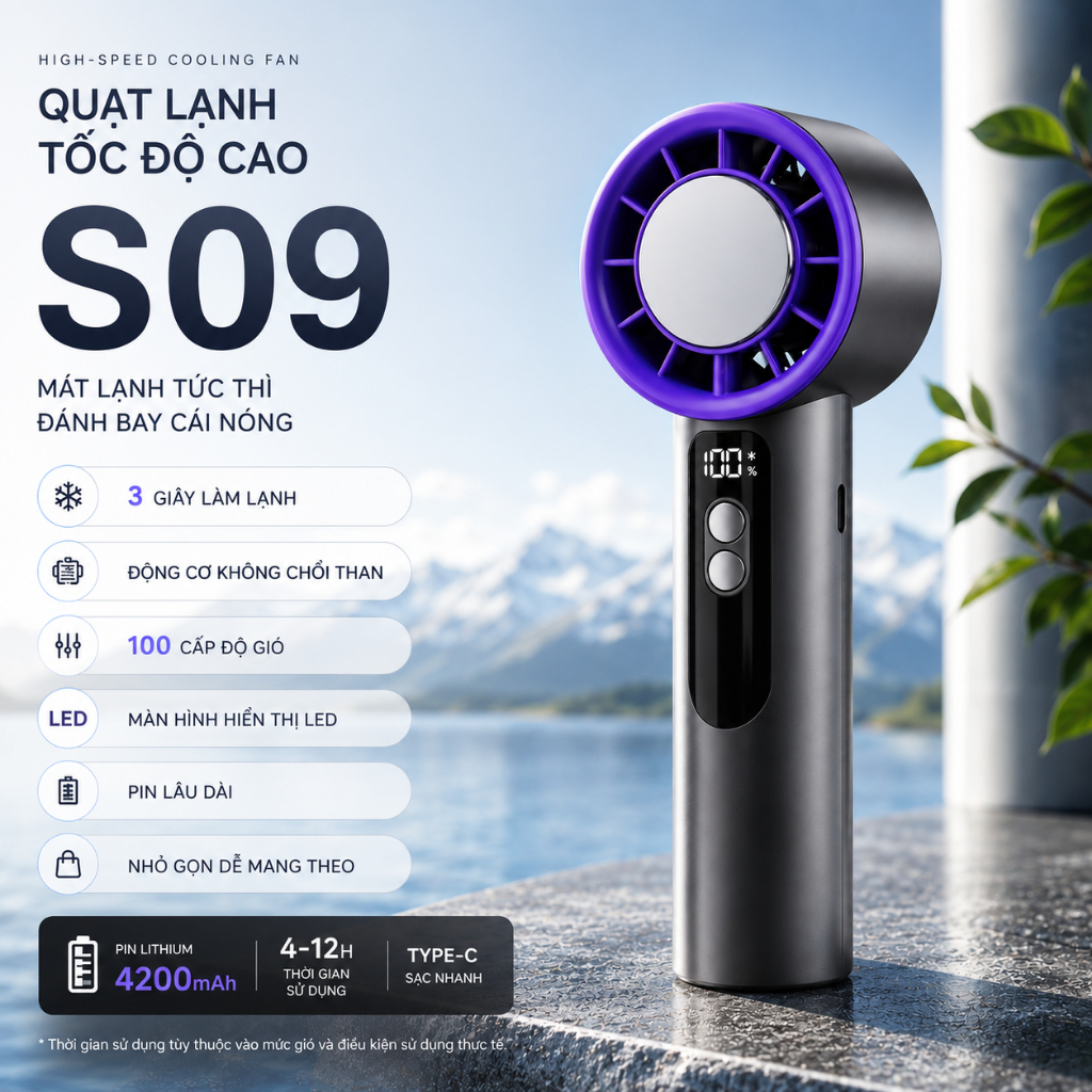 Quạt cầm tay tốc độ cao S09, 100 mức gió, pin 4200mAh, làm mát nhanh chóng trong 3 giây