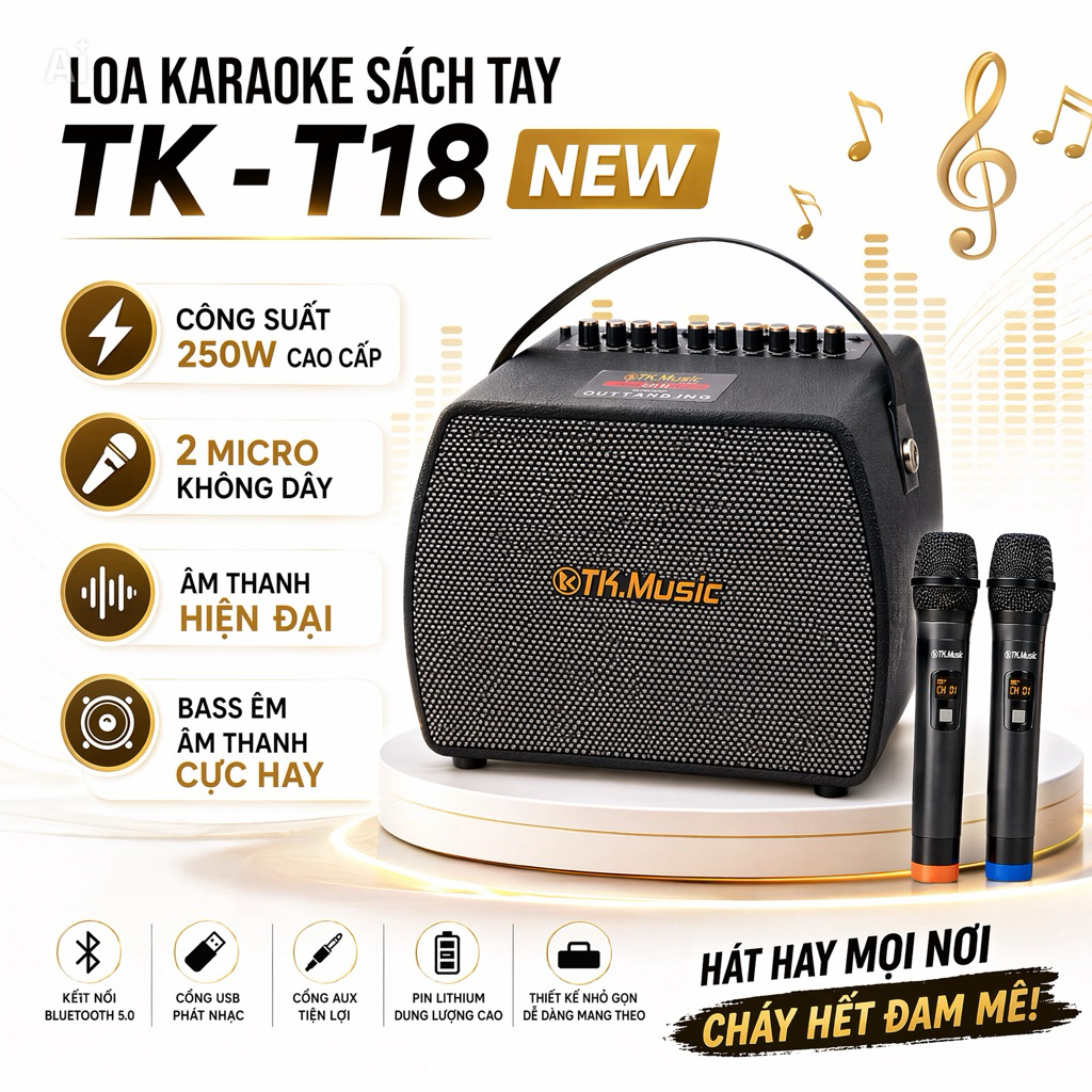 Loa Karaoke Sách Tay TK - T18 NEW Công Xuất 250W Cao Cấp, 2 Micro Không Dây, Âm Thanh Hiện Đại, Bass