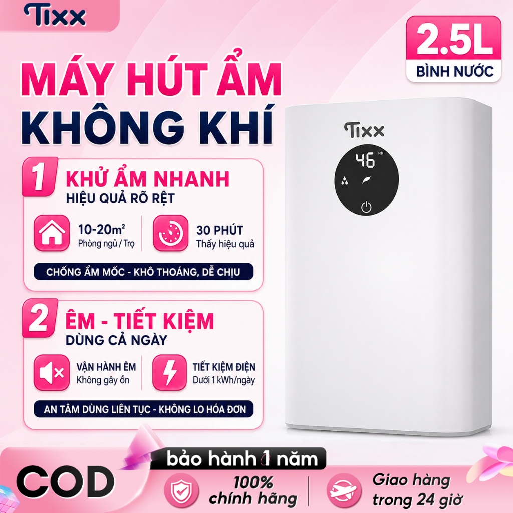TIXX Máy hút ẩm 2.5L êm ái tiết kiệm điện chuyên dụng chống ẩm cho phòng trọ