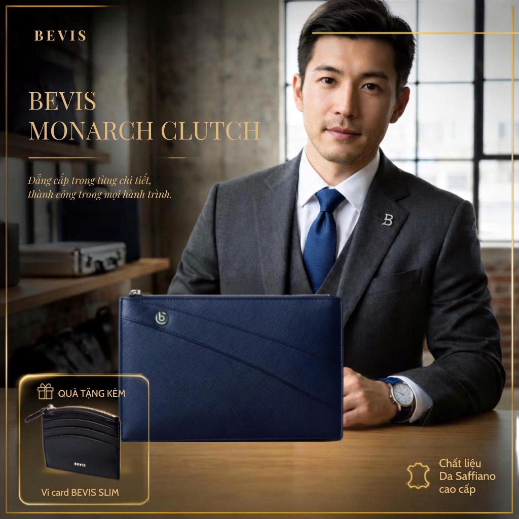 [Tặng Ví Card] Clutch Nam Da Bò Nhập Khẩu Cao Cấp BEVIS MONARCH – Ví Cầm Tay Saffiano, Thiết Kế Doan