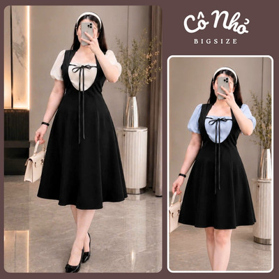 Đầm Bigsize Nữ Thiết Kế Cổ Vuông Có Dây Buộc Nơ Tay Ngắn Phồng Tiểu Thư Sang Chảnh G680