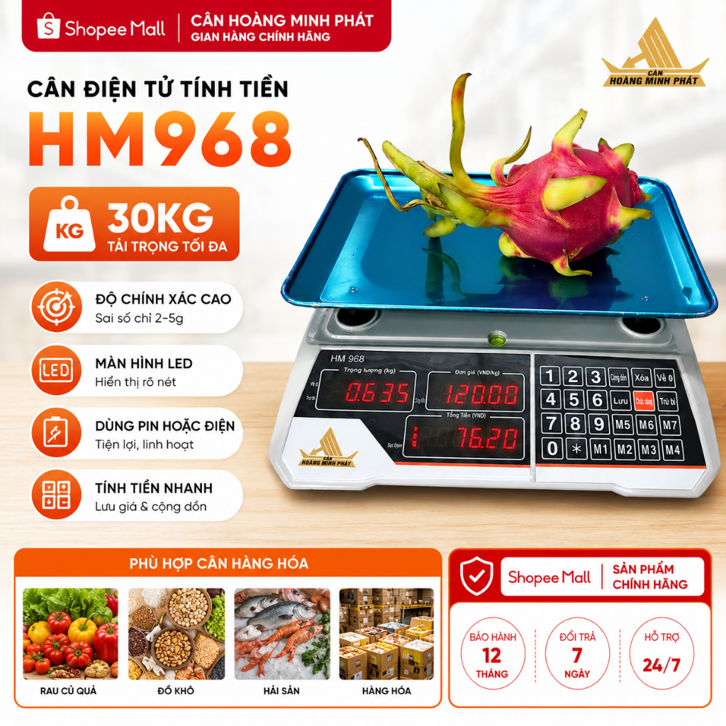 Cân Điện Tử Tính Tiền HM968 30kg/5g | Phím Tiếng Việt | Cân Rau Củ, Trái Cây, Đồ Khô | Shopee Mall C