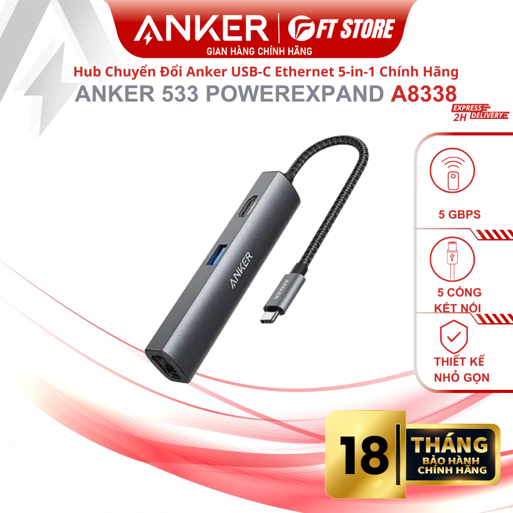 Hub Chuyển Đổi Anker 533 PowerExpand A8338 USB-C 5in1 HDMI 4K LAN Ethernet 1Gbps 3 USB-A