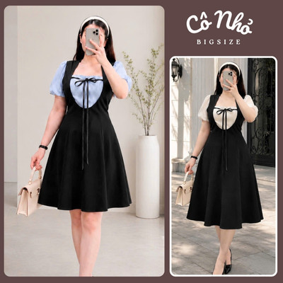 Đầm Bigsize Nữ Thiết Kế Cổ Vuông Tay Ngắn Phồng Bo Chun Cổ Phối Nơ Tiểu Thư Sang Chảnh G680 A694