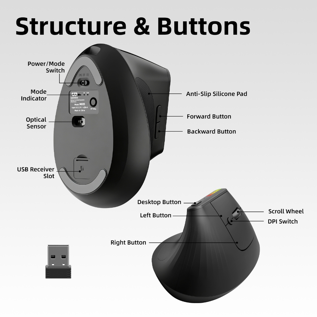 Chuột Dọc Không Dây GOOJODOQ Công thái học 2 Chế Độ 2.4G+BT5.0,4 DPI Lên 3200 Nút Tới/Lùi+Về Desktop | BigBuy360 - bigbuy360.vn
