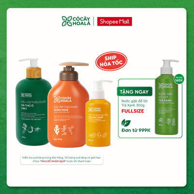 Combo Dầu Gội Xả 2in1 Hà Thủ Ô, Sữa Tắm Gừng Nghệ, Dung Dịch Vệ Sinh X2 Nano Nghệ Cỏ Cây Hoa Lá VIETNAM