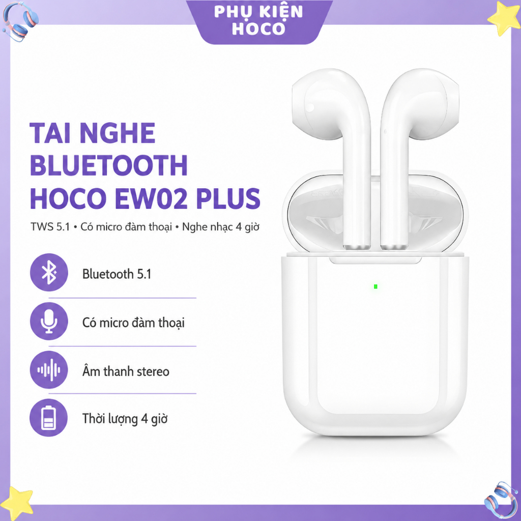 Tai Nghe Bluetooth Hoco EW02 Plus TWS 5.1, Có Micro Đàm Thoại, Nghe Nhạc 4 Giờ, Âm Thanh Stereo