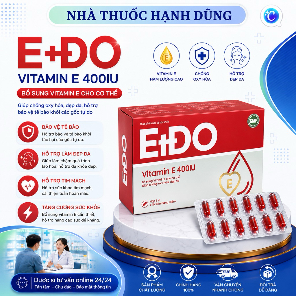 NTHD| EtDO Vitamin E 400IU| Hỗ trợ bổ sung các loại dầu vitamin E, gấc, hạt nho | Đẹp da, chống oxy 