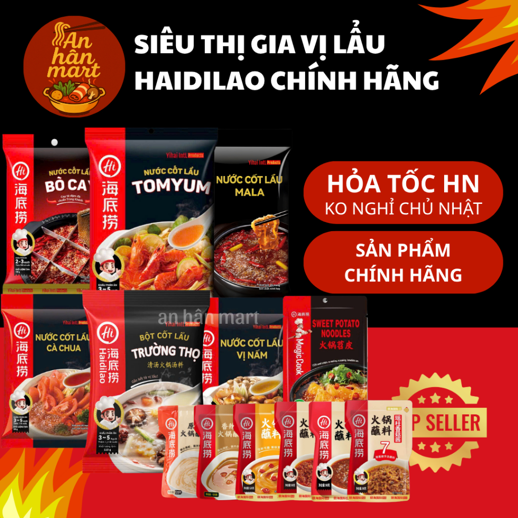 Gia vị lẩu Haidilao chính hãng, nước cốt lẩu Hadilao Mala, trường thọ, cà chua, tomyum, tứ xuyên thơ