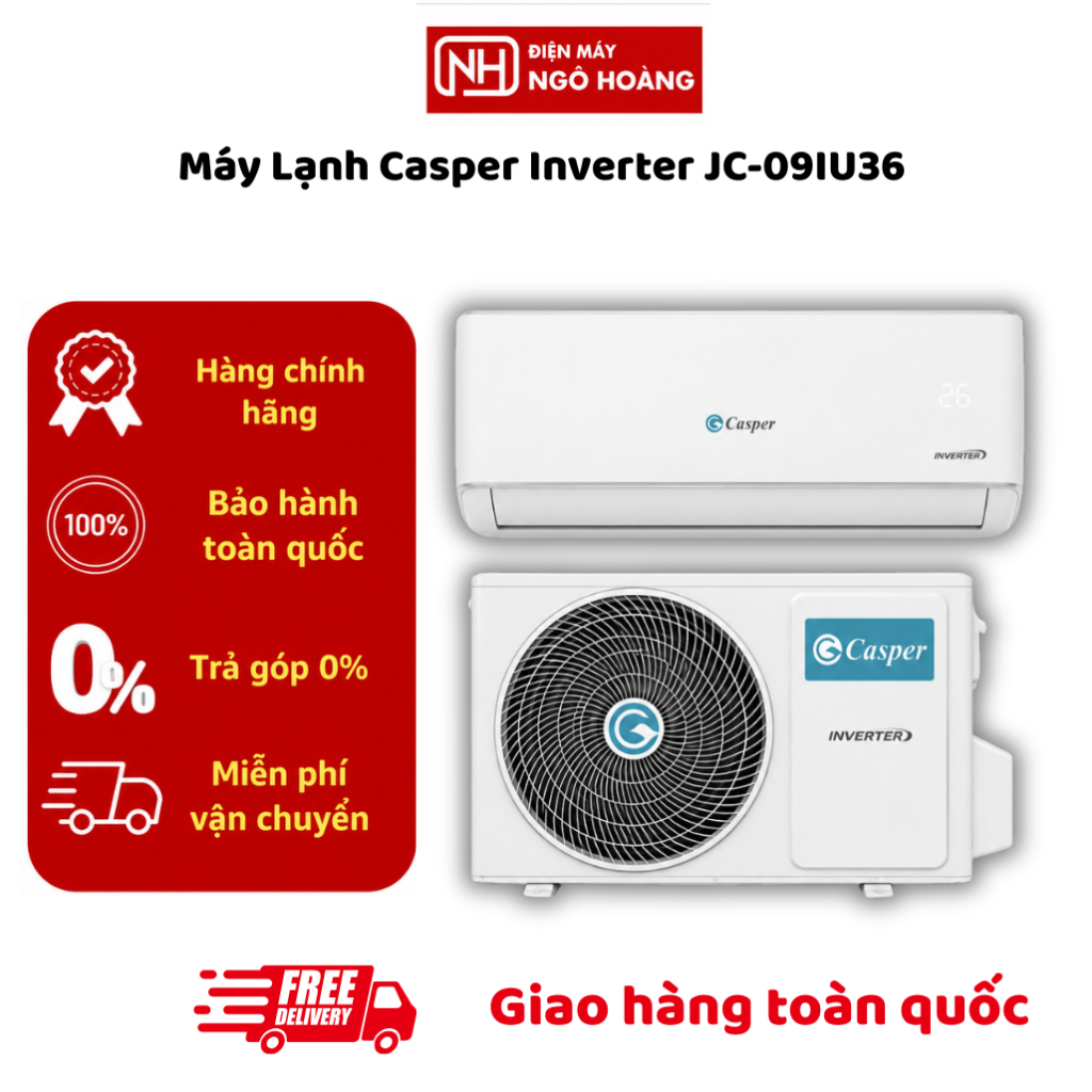 JC-09IU36 - Máy lạnh Casper Inverter JC-09IU36 9250BTU 1HP 1 chiều, điều hòa tiết kiệm điện cho phòn