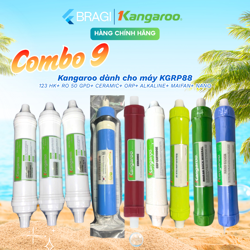 Combo 9 lõi lọc Kangaroo Hydrogen dành cho model KGRP88 dùng bộ thô đúc, RO 50 GPD