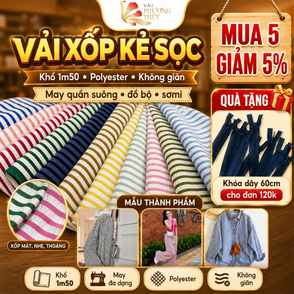 Vải xốp kẻ sọc Phượng Thúy chuyên hàng thời trang nam nữ, quần ống suông và lên đầm, sơmi khổ 1m50