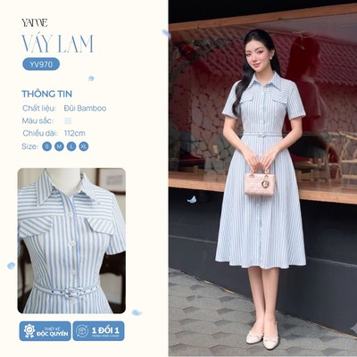 Váy Thiết Kế Nữ Yame  Cổ Đức Sơ Mi Dáng Dài 112cm, Tùng Váy Xòe Rộng Xếp Ly To Kèm Dây Đai, Đầm Tiệc Cao Cấp Lam - YV970