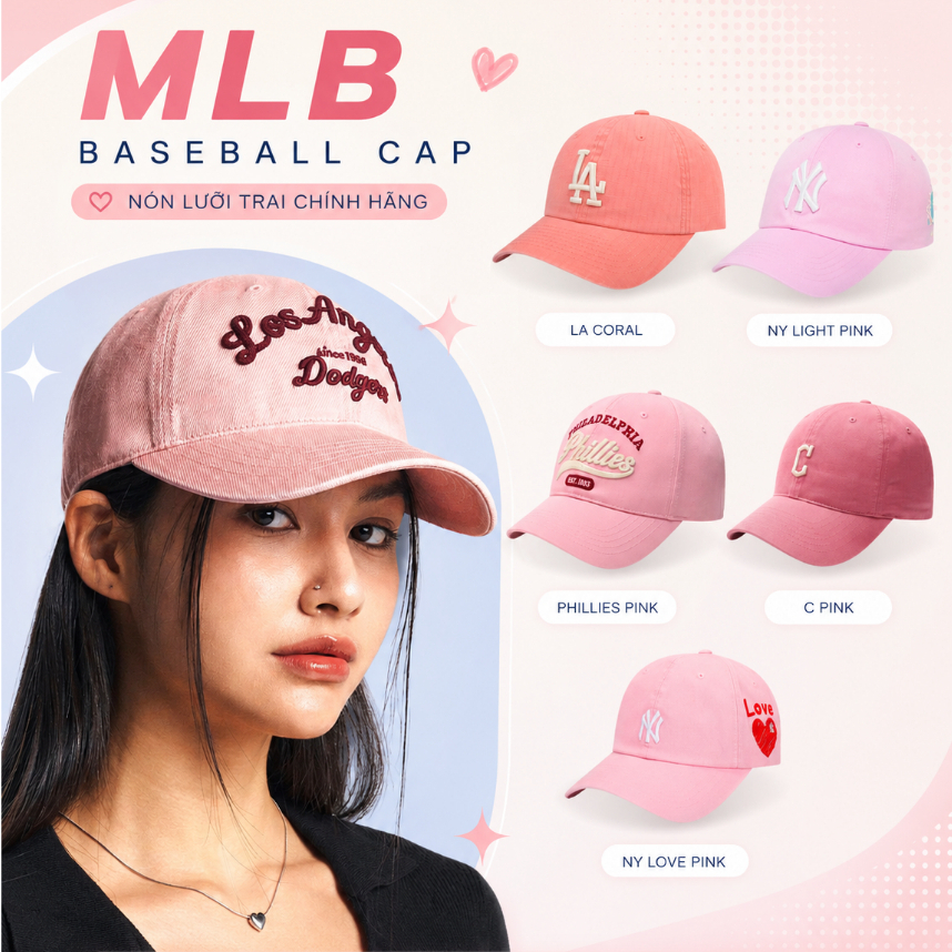 Mũ lưỡi trai MLB NY màu HỒNG Unisex – vải kaki cao cấp, form mềm, logo NY thêu, nón MLB chính hãng c