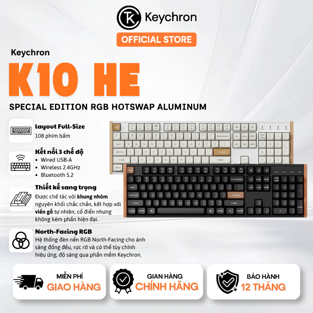 Bàn phím cơ không dây Keychron K10 HE Special Edition RGB Hotswap Aluminum (Magnetic Sw) - Bảo hành 