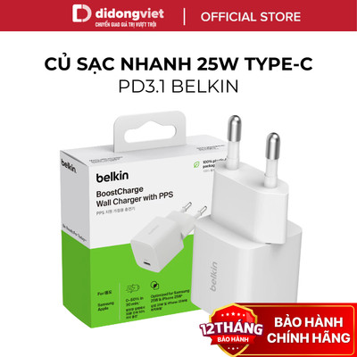 Củ Sạc Nhanh Belkin 25W USB-C PD3.1 Wall Charger - Hàng Chính Hãng