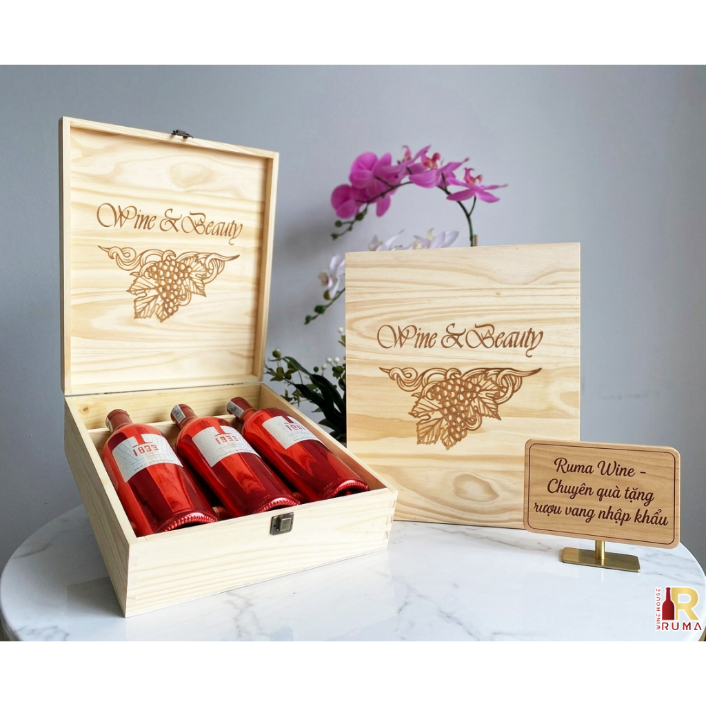 Set quà tặng hộp gỗ 3 chai rượu vang Ý 1933 Topaz + 1933 Ruby - HG3