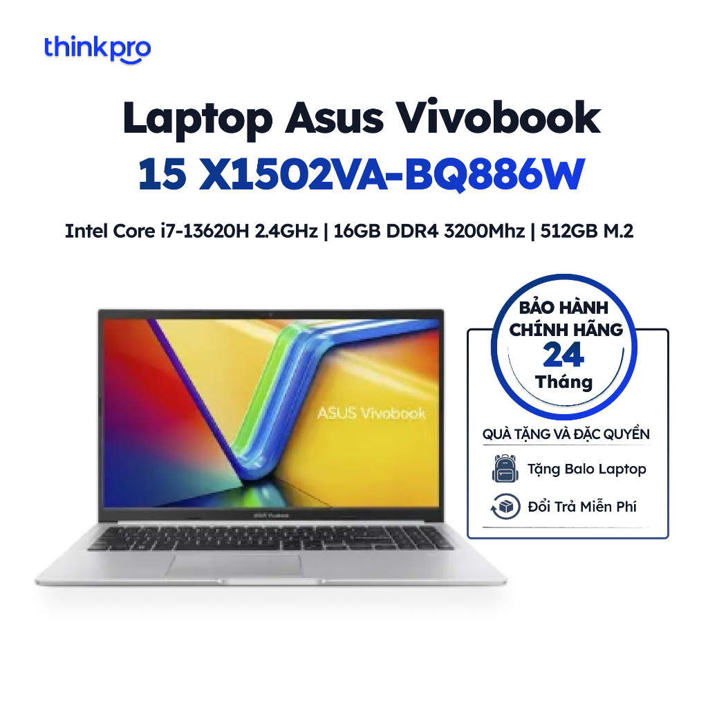 [CHÍNH HÃNG] Laptop văn phòng Asus Vivobook 15 X1502VA-BQ886W - i7 13620H, 16GB, 512GB, FHD