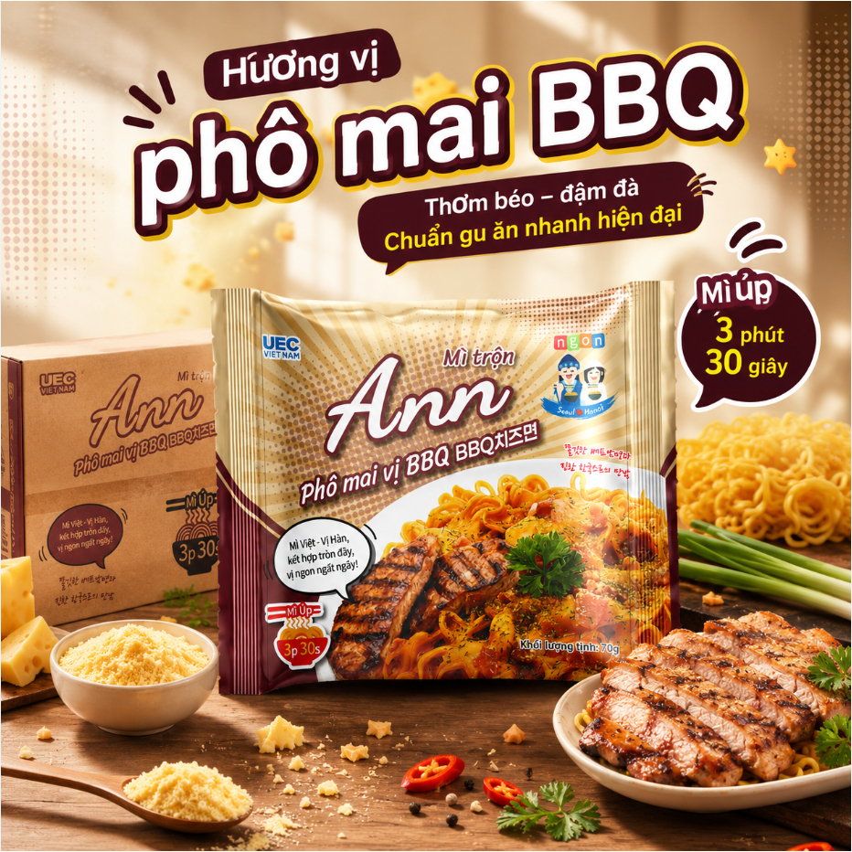 Thùng Mì trộn Ann Phô mai vị BBQ chuẩn vị Hàn Quốc, mì trộn ăn liền sốt phô mai béo thơm