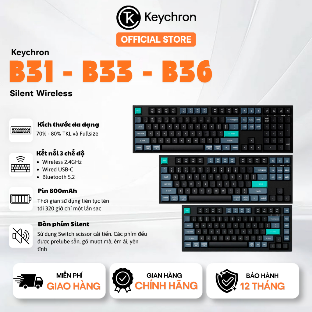 Bàn phím Keychron Silent Wireless B31, B33, B36 - Kết nối 3 chế độ, Pin lên tới 320 giờ - Bảo hành 1