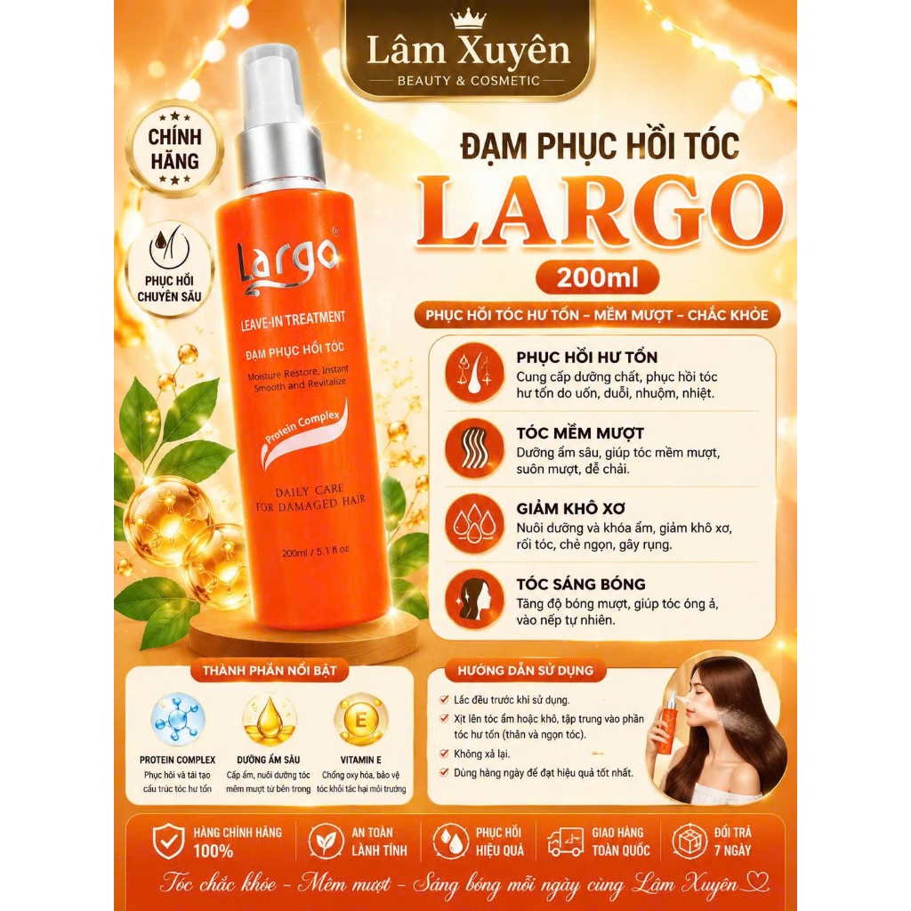 Xịt dưỡng tóc đạm phục hồi LARGO 30ml chai màu cam cân bằng dưỡng ẩm cung cấp phục hồi chẻ ngọn.😍😍