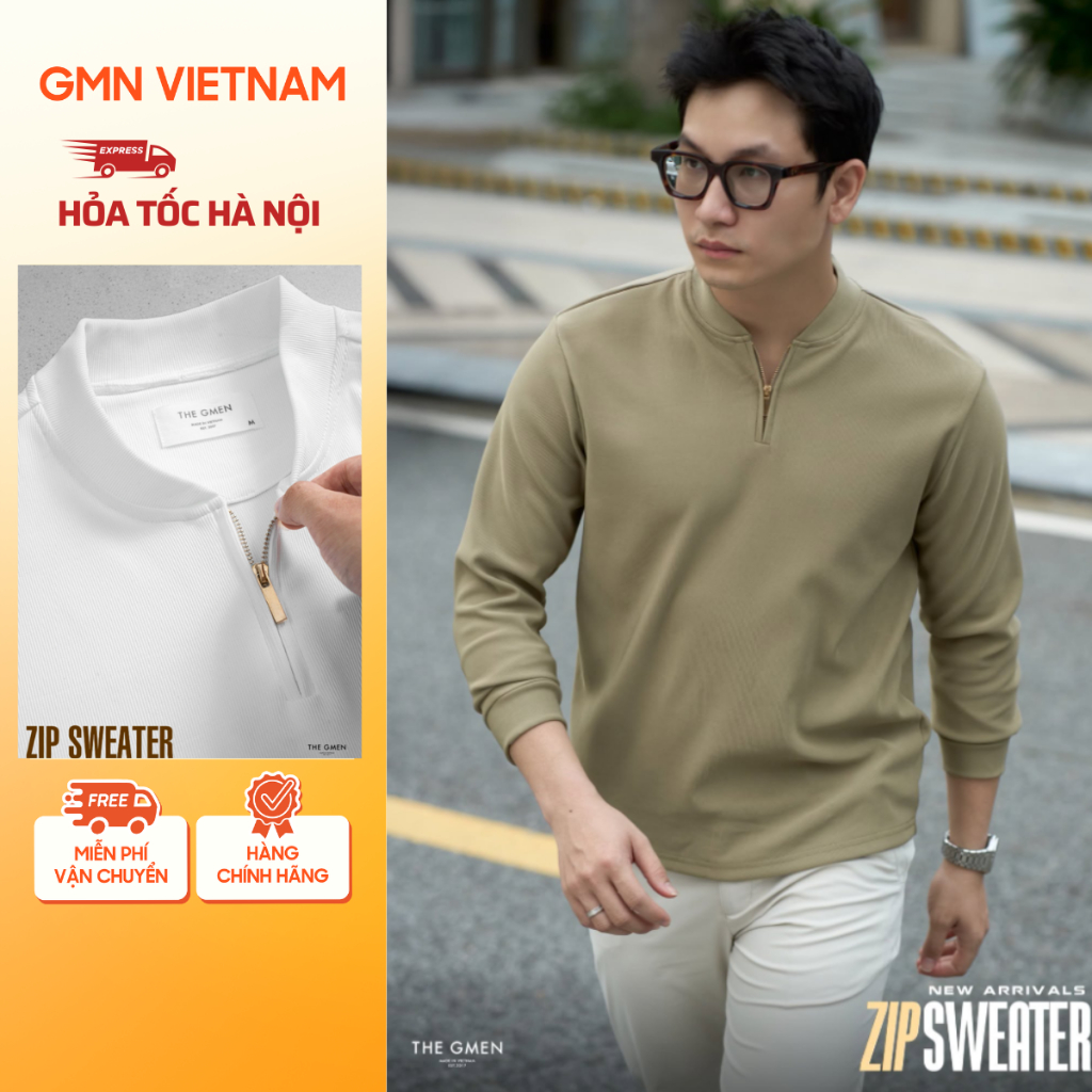Áo sweater trơn dài tay khóa zip chữ V tiện lợi, cotton dệt dobby mềm mịn ít nhăn F25 Zip Sweater