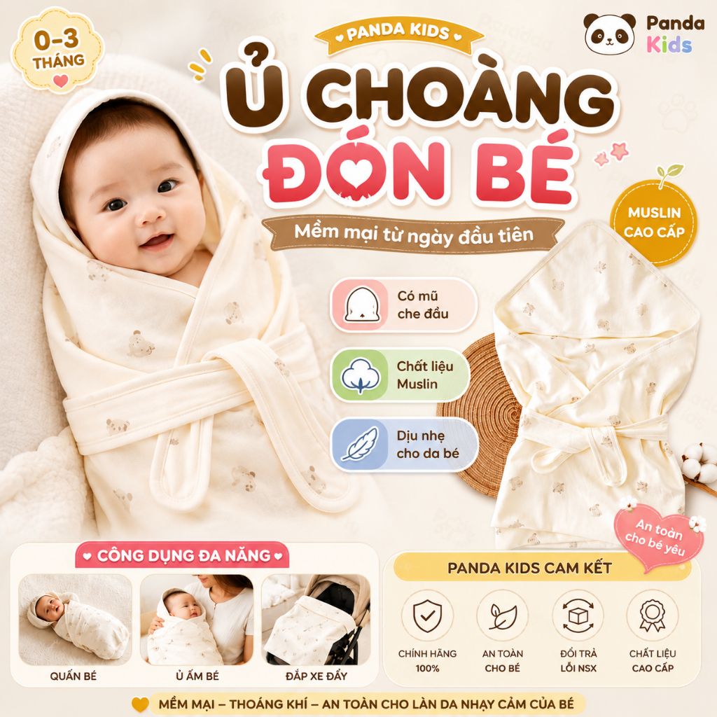 Ủ choàng sơ sinh Panda Kids sơ sinh xô Muslin đón bé sau sinh - HT857
