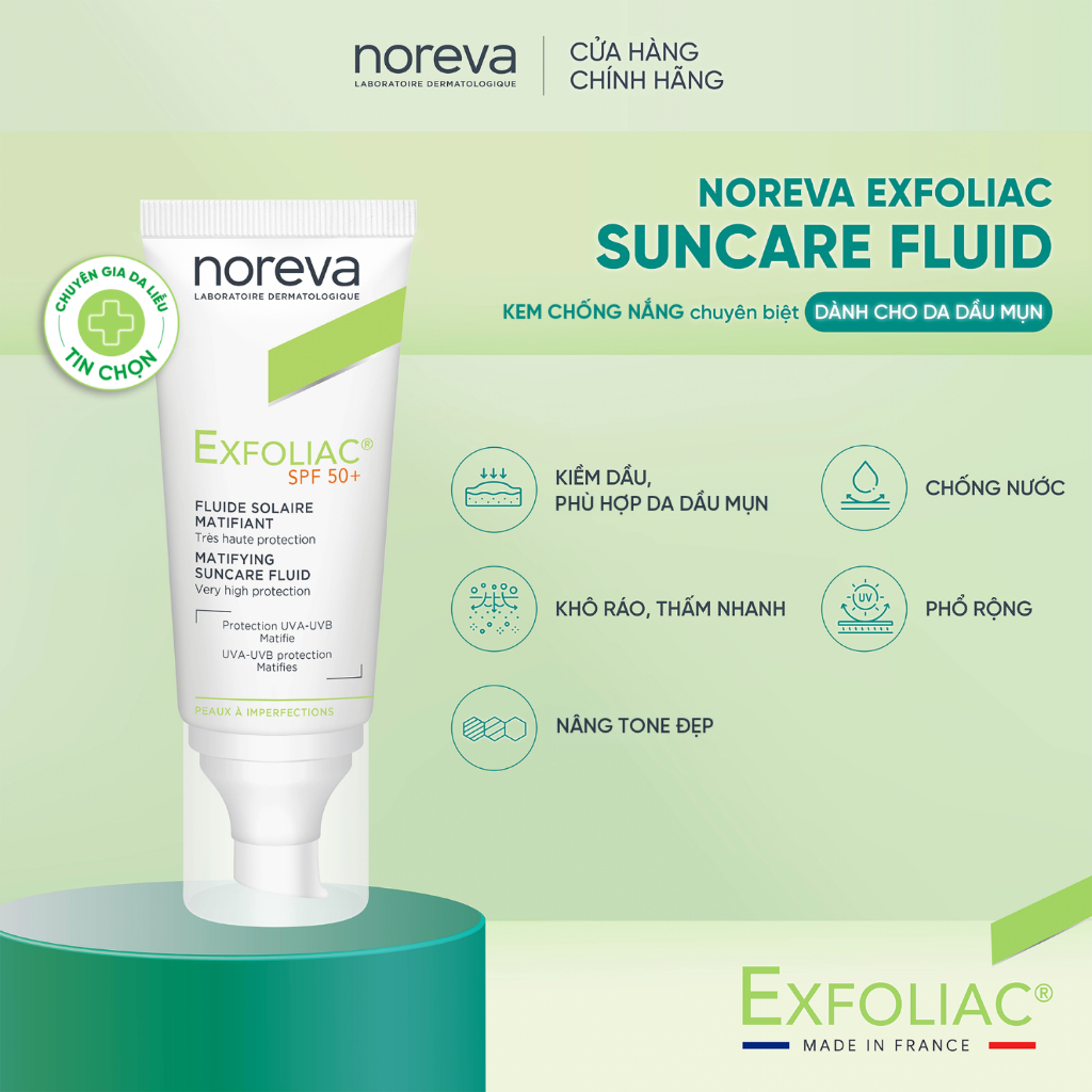 Kem chống nắng dành cho da dầu mụn NOREVA EXFOLIAC MATIFYING SUNCARE FLUID SPF50+ 40ML