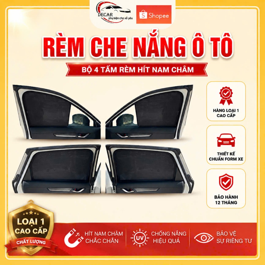 Rèm Che Nắng Ô Tô Hít Nam Châm DECAR Bộ 4 Tấm Rèm Chắn Nắng Cửa Kính Xe Ô Tô Chống UV Thiết Kế Theo 