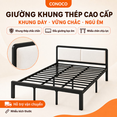 Giường Sắt Khung Thép Dày Dặn CONOCO Chân 5x5cm Nan Dày Êm Ái Cho Phòng Ngủ Màu Đen