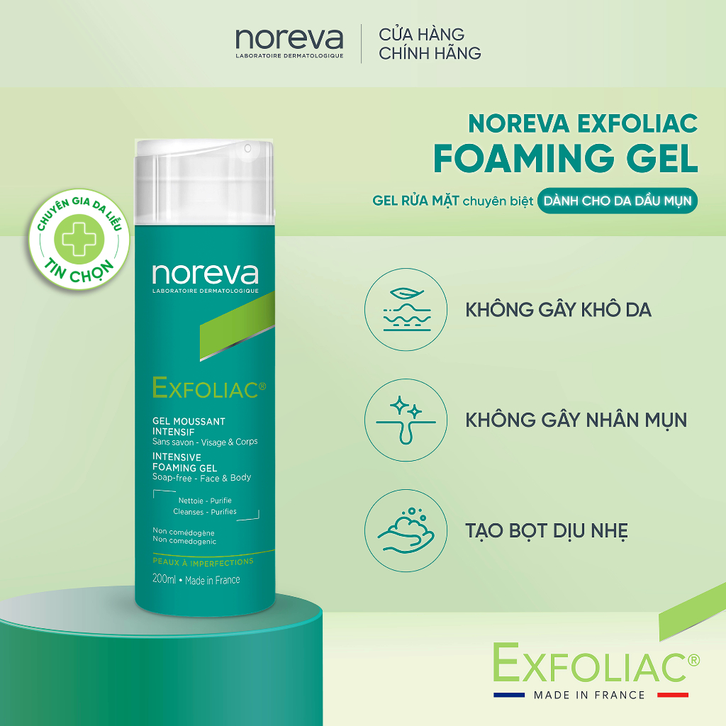 NOREVA sữa rửa mặt cho da dầu mụn NOREVA EXFOLIAC INTENSIVE FOAMING GEL 200ML