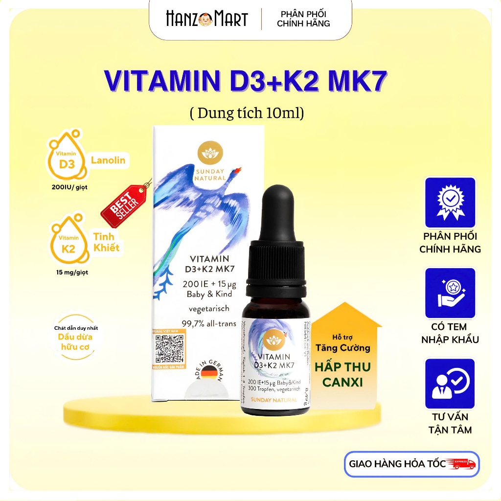 Vitamin D3K2 MK7 Sunday Natural 10ml của Đức