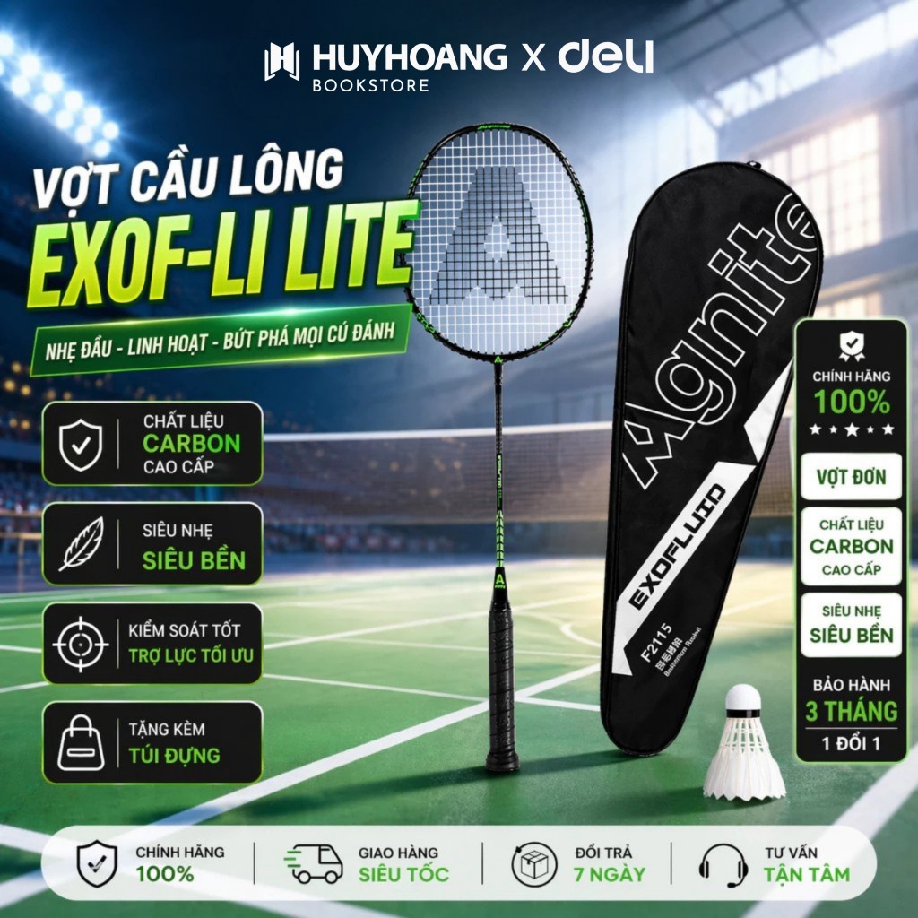 Vợt cầu lông carbon Deli Agnite chính hãng Khung Vuông carbon siêu bền, nhẹ, Phản hồi tốt, căng sẵn 