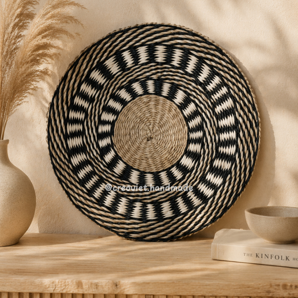 Thảm cói tròn đan họa tiết decor - (HD - RS - 001)