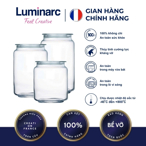 Bộ 3 hũ thủy tinh Luminarc Rondo dung tích 0.5L, 0.75L, 1L I hũ đựng thực phẩm P7535/P7536/P7537
