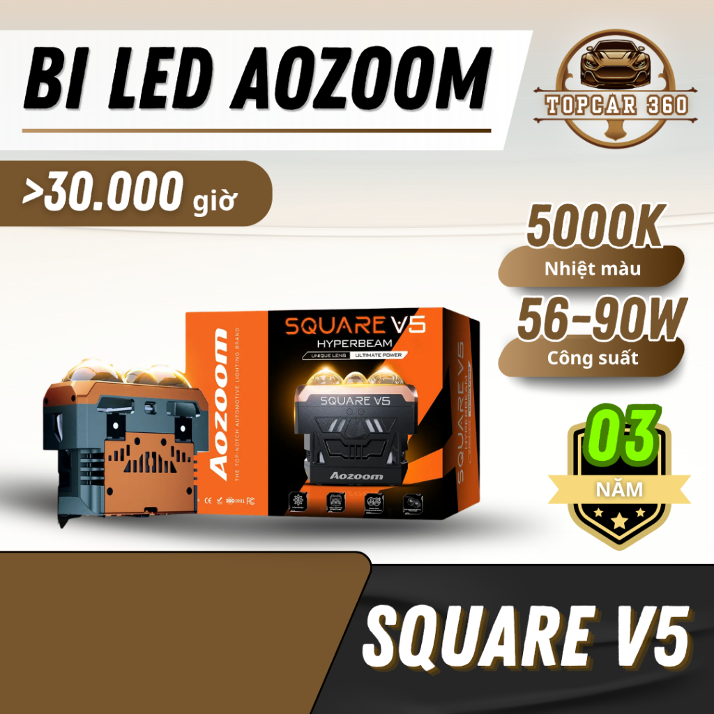 Bi LED Aozoom Square V5 cho VF3, VF6, VF7 - Thế hệ mới Công suất 90W Chiếu xa tới 850m TopCar360 BS0