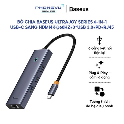 Hub chuyển đổi Baseus UltraJoy 6-in-1 - HDMI 4K60Hz, RJ45, PD 100W, USB 3.0 - Bảo hành 12 tháng