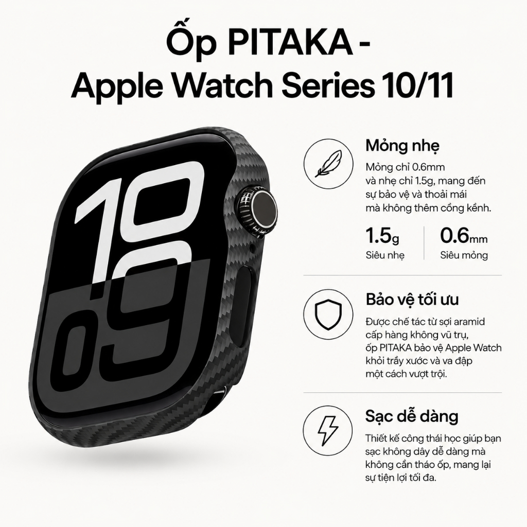 Ốp PITAKA cho Apple Watch Series 10/11 - Mỏng Nhẹ, Bảo Vệ Đồng Hồ, Chống Trầy, Sang Trọng