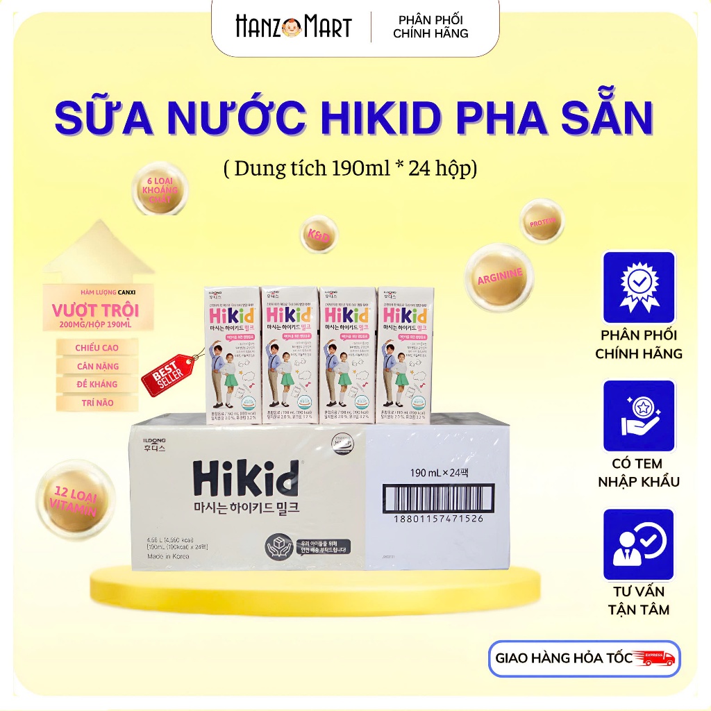 Thùng Sữa Hikid pha sẵn, Hikid nước tăng chiều cao cho bé hộp 190ml x 24 hộp (thùng)