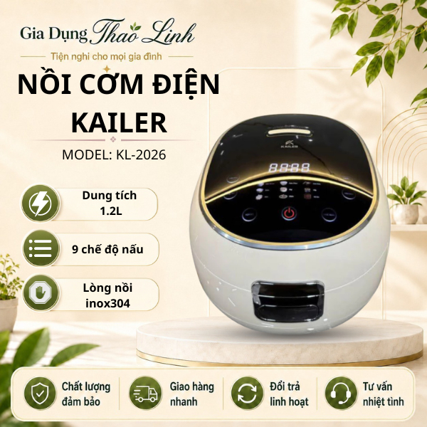 Nồi Cơm Điện KAILER KL2026 Dung Tích 1.2L, Lòng Nồi Inox Vân Tổ Ong Chống Dính, 9 Chế Độ Nấu