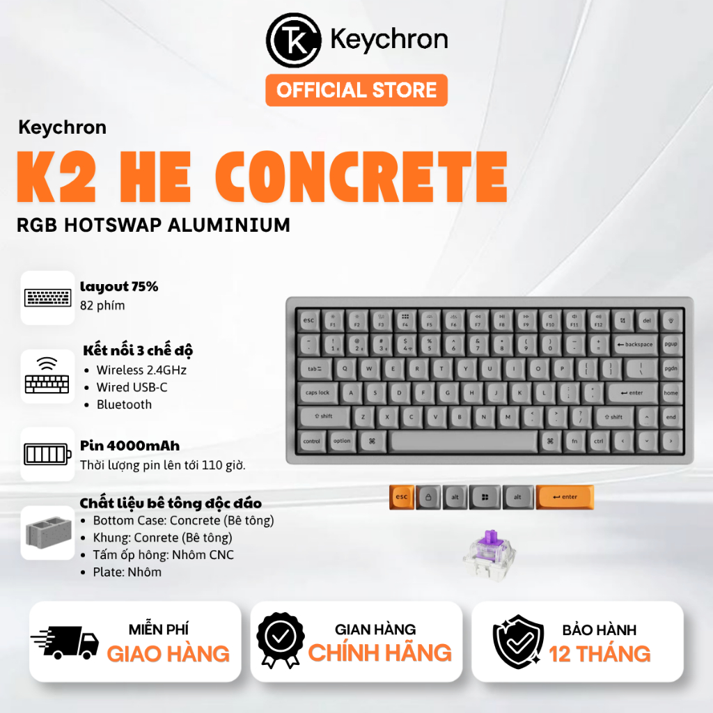 Bàn phím cơ Keychron K2 HE Concrete Edition RGB Hotswap Aluminum (Magnetic Sw) - Bảo hành 12 tháng
