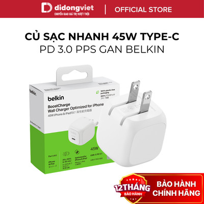 Củ Sạc Nhanh Belkin 45W USB-C PD 3.0 PPS GaN - Hàng Chính Hãng