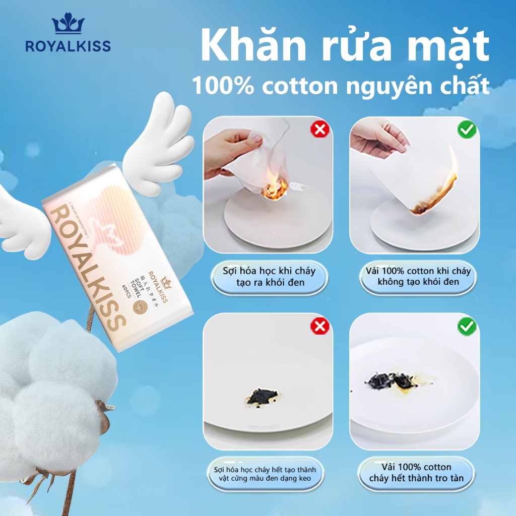 Khăn bông 60 miếng/gói, khăn mặt mềm mịn cho bé & người lớn, thấm hút tốt, 100% cotton
