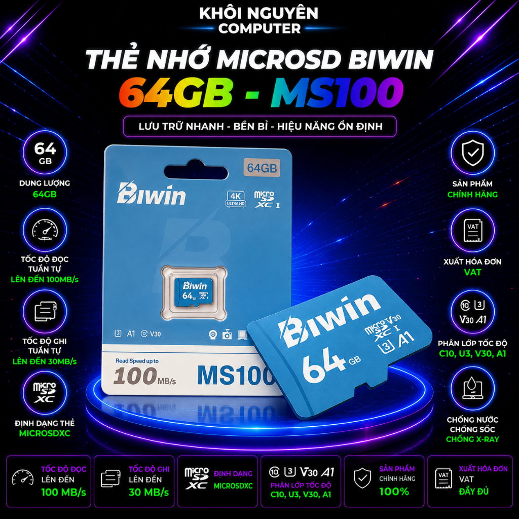Thẻ Nhớ MicroSD Biwin MS100 64GB BMMS10064G-RGX Class 10 UHS-I U3 V30 A1 Tốc Độ 100MB/s Chính Hãng