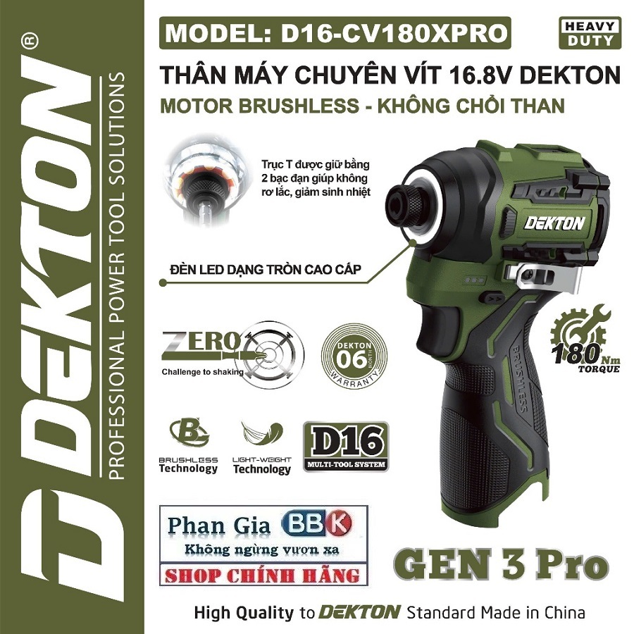 Máy Chuyên Vít 180Nm Dekton D16-CV180XPRO -  Motor Brushless  - LED Tròn - Hệ Sinh Thái 16.8V Pin Th