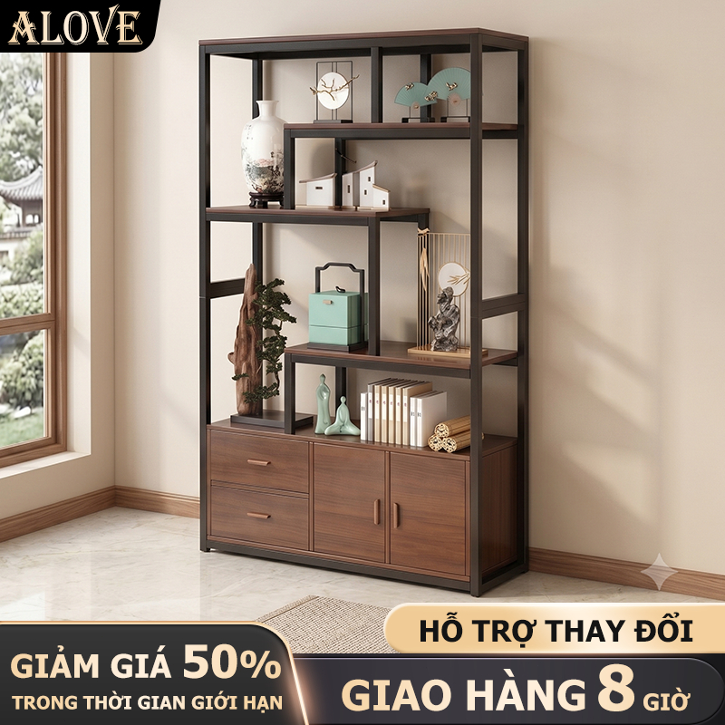 ALOVE Kệ Trang Trí Phòng Khách Kệ Trưng Bày Nhiều Tầng Khung Sắt Có Tủ Lưu Trữ Kệ Sách